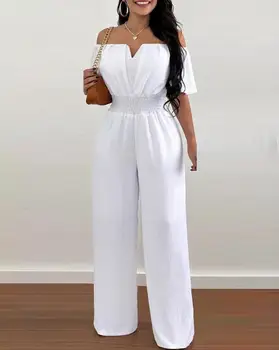 Jumpsuits for Women 2025 Spring Fashion Off Shoulder Casual Plain Short Sleeve Shirred Waist Daily Long Wide Leg Jumpsuit 2025 1