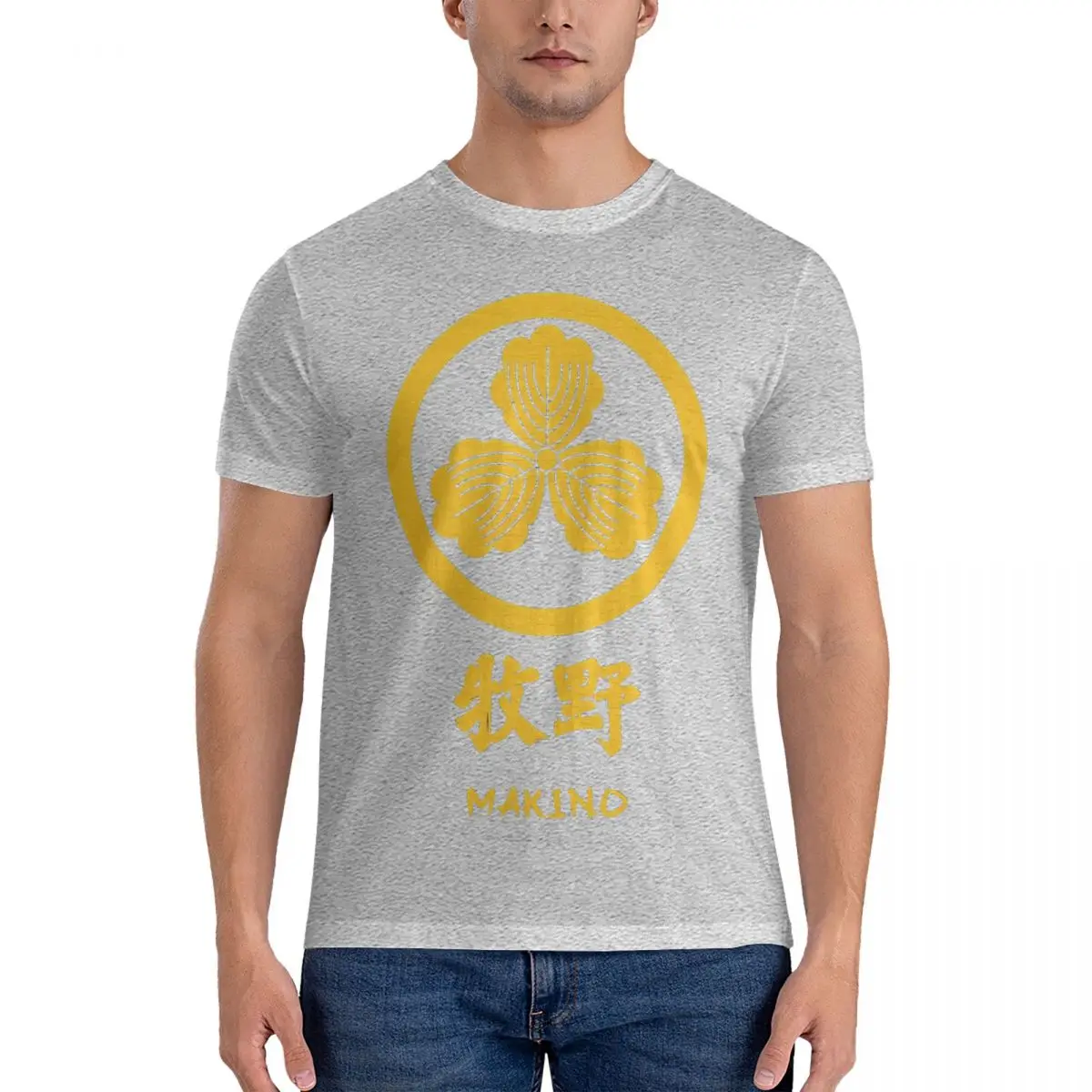 thumbnail image 1 of Camisetas divertidas de Makino Kamon para hombre, de algodón puro, cuello redondo y manga corta con el logotipo del clan japonés., 1 of 7
