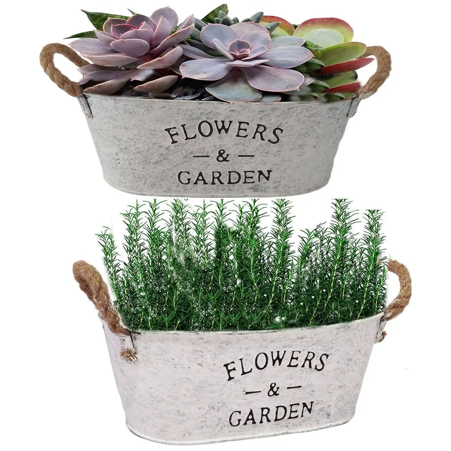 

Set of 2 Rustic Metal Planters with Handles Farmhouse Succulents Herbs Pots Vintage Plants Container for Indoor