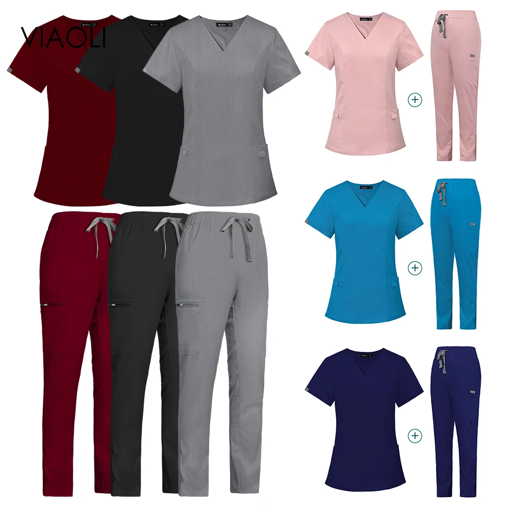 

V-neck Short Sleeved Scrub Sets Pediatric Nursing Work Attire Doctor Surgical Uniform Pharmacy Outpatient Work Clothes Set Women