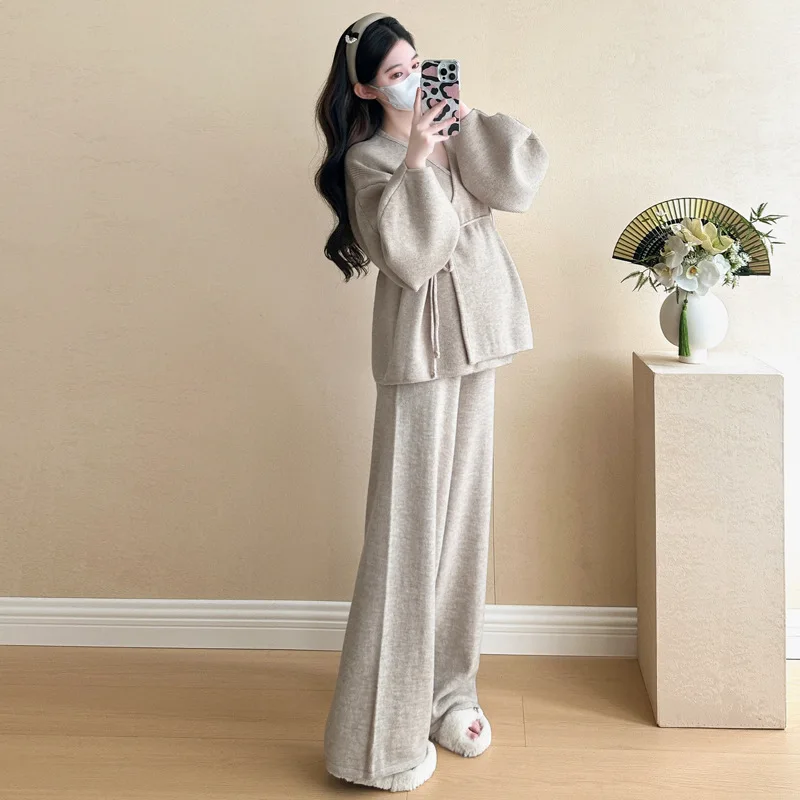 Maternity Wear Fall Winter Clothes Set Korean Lantern Sleeve Sweater+ Wide-leg Pants 2Pcs Fashion Models Suit Pregnant Clothes