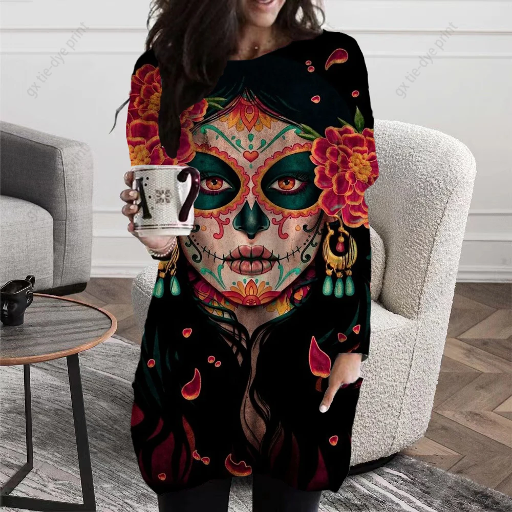 

Women's Autumn and Winter Fashion Clothing Casual O-Neck T-shirt Large Loose Skull Print Women's Pocket Long Sleeve Pullover Top