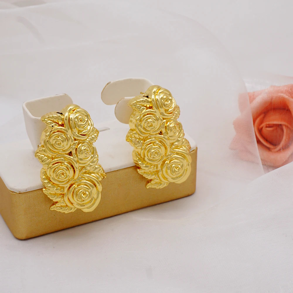 Fine Jewelry Gold Color Flower Earrings Big Round Drop Copper Hoop Earrings Circle Copper Earrings For Women Wedding Accessories