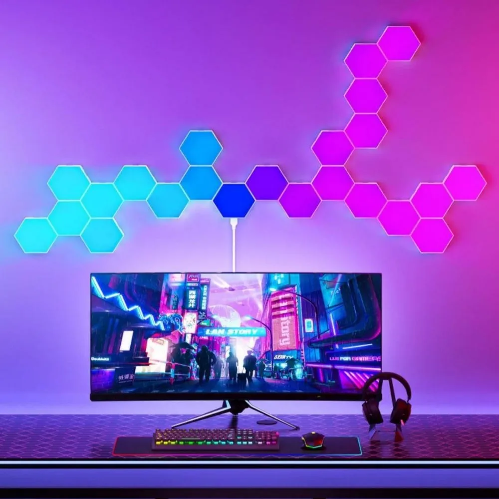 

LED Quantum Lamp Intelligent APP Hexagon Lights DIY Modular Rhythm Lamps Game Room Atmosphere Decoration Creative RGB Wall Lamps