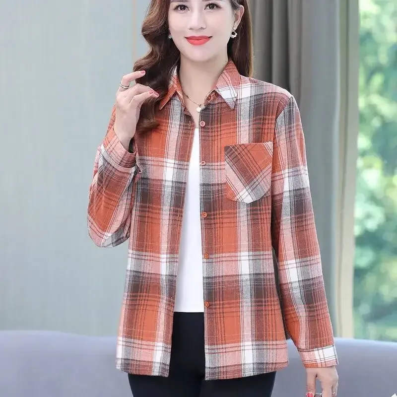 Office Lady Work Commute Top Lattice Print Blouses Casual Shirts Tops Women's New Spring Autumn Lapel Chic Cardigan Shirt Female