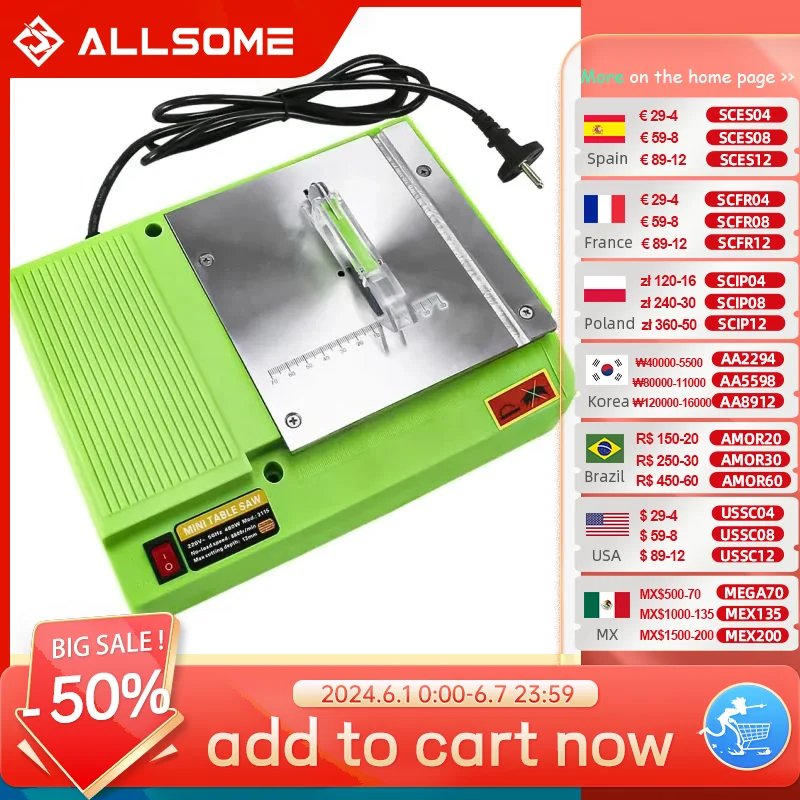 ALLSOME 220V Mini Table Saw Handmade Woodworking Bench Saws Cutting Tool 480W BG-3115