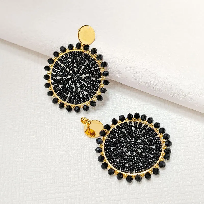 

Beaded earrings Originality Crystal Sun Design Hollow out Flowers Hand knitting Bohemia Alloy Tide Simple Rice bead earrings