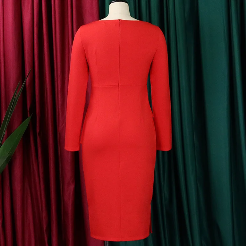 Evening Party Solid Color Long Sleeve Pencil Skirt Autumn Elegant Oblique Collar Patchwork Zipper Plus Size Slim Dress for Women