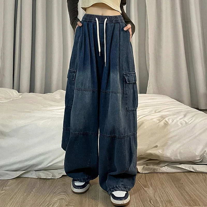 Y2k 헐렁한 청바지, 오버사이즈 배럴 청바지, 데님 바지, 여성 힙합 바지, 포켓 스트리트웨어, 와이드 레그 카고 바지