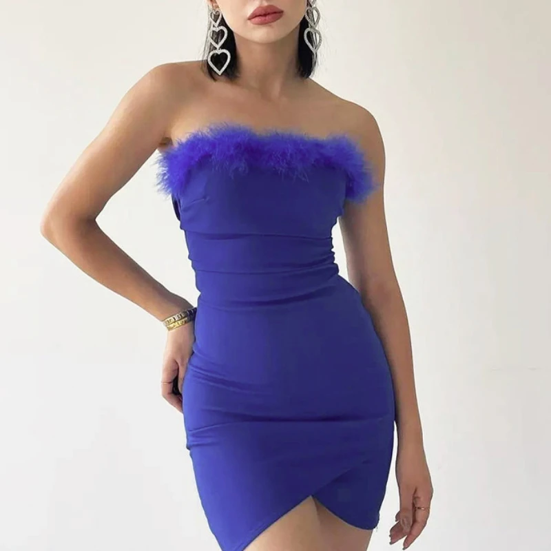 

2024 Feathers Strapless Solid Short Dress Mini Clubwear Party Bodycon Dresses Women Fashion New Summer Dresses Vestidos
