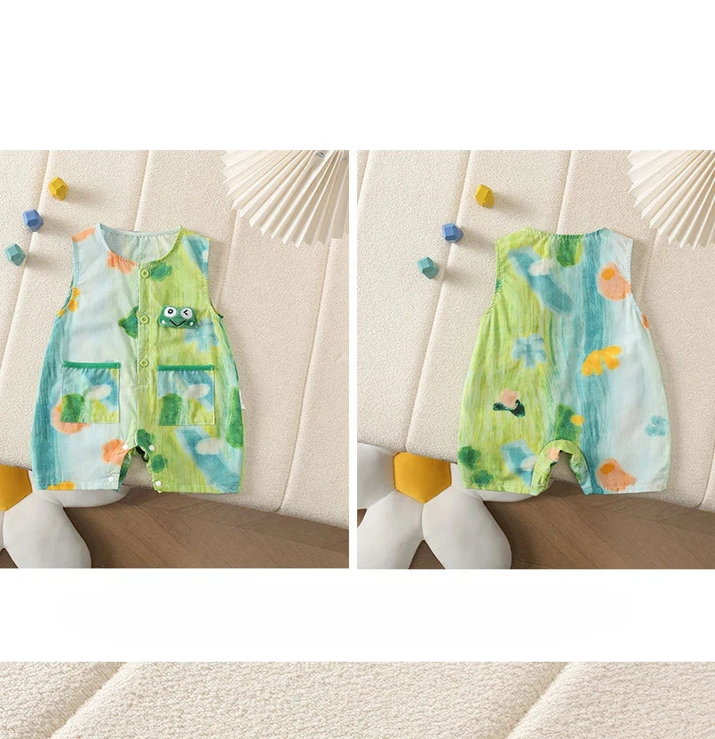 Summer Cute and Casual JumpSuit Frog and Lion Head Print Romper Half Front Open Wide Shoulder Short Crawling 4
