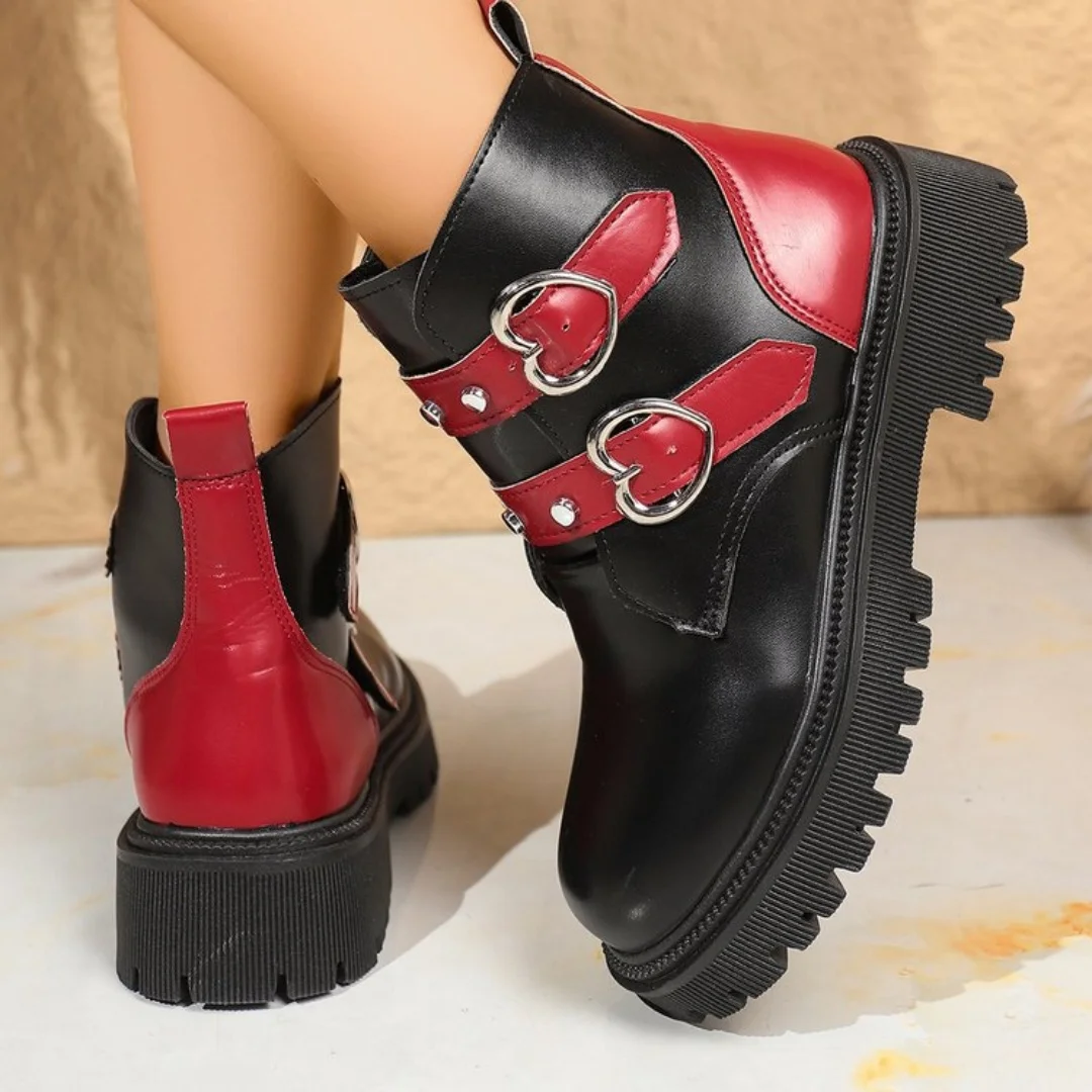 Women's Mid Heels Boot Round Toe Platform Shoes 2025 New Autumn Winter Fashion Belt Buckle Boots Short Boots for Women Handmade