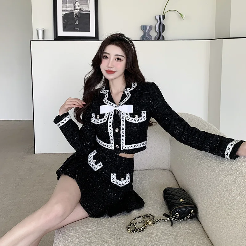 Fashion Small Fragrance Y2k Black Two Pieces Set Women Shorts Jackets + Mini Pleated Skirts Women Outfits 2023 Ins Korean Suit