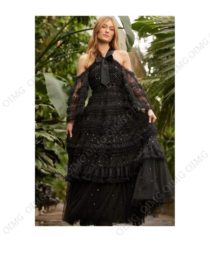Black Luxury Fluffy Prom Dresses Tulle Ruffles Crystals Shiny Women Short A Line Sequins Elegant Evening Gowns Customized