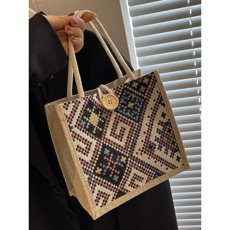 Large Ethnic style Canvas Lunch Bag - Women's Summer Bento Organizer Tote, Insulated Mommy Commuter Purse 핸드백
