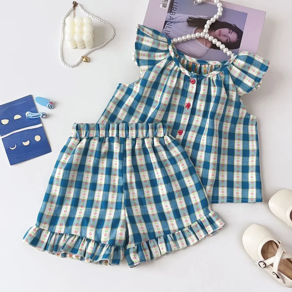 Bär Führer Koreanische Version Blumen Plaid Print Fly Sleeve Shirt Tops + Shorts 2Pcs Casual Kinder Kleidung1-5 jahre Sommer Mädchen Anzug – Detail 2