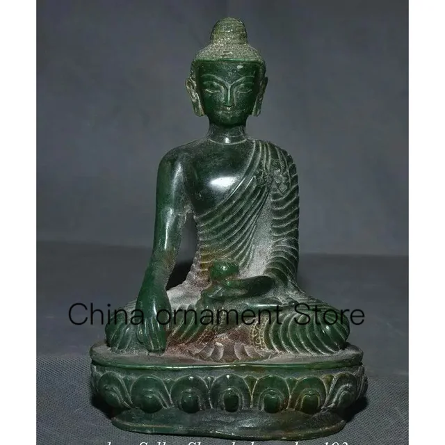 고대 중국 녹색 옥 조각 석가무니 아미타바 불상 조각, 7.6 인치