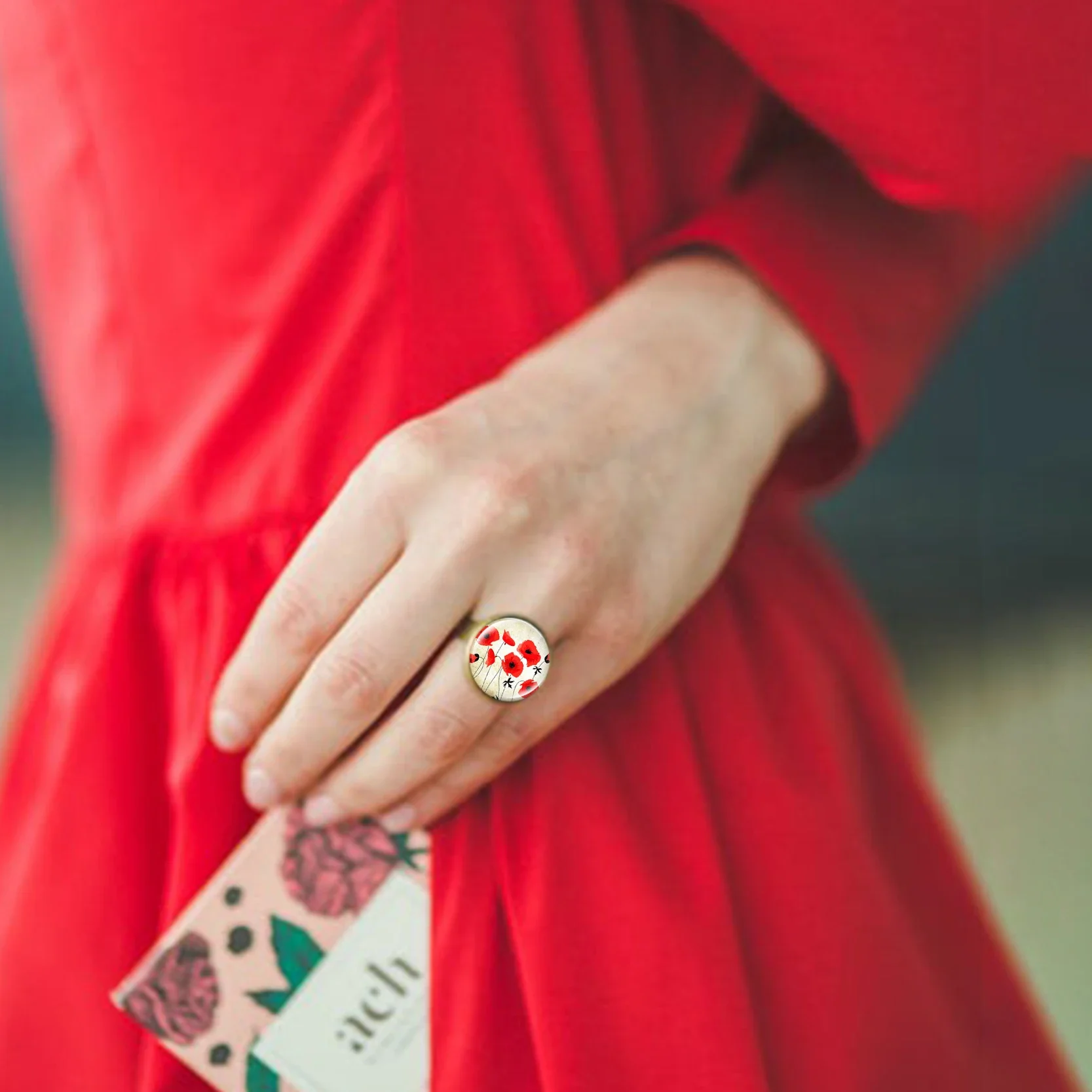 Anneau de coquelicot rouge fait à la main, champ de fleurs PopMED, image d'art en verre, bijoux breton, belles fleurs, matiques de bijoux, nouveau style, 2019