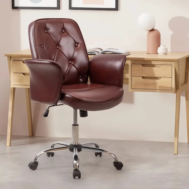 

Brown Leather Office Chair, Tufted Accent Chair, Home Office Desk Chair with Wheels, Adjustable Swivel Chair with Metal Base