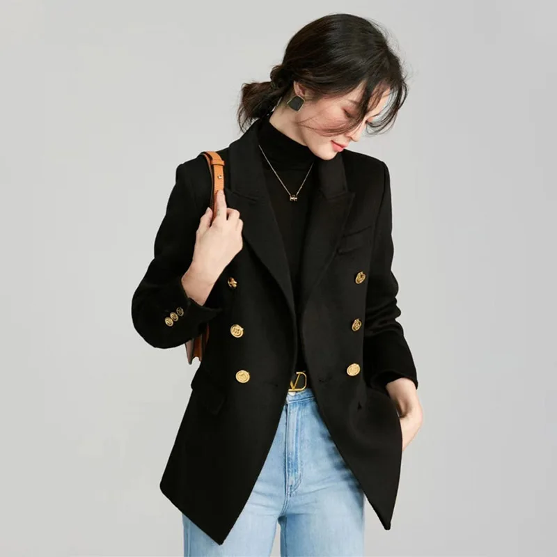 New Office Lady Slim Double-sided 100% Wool Coat Short Feminine Double-breasted Lapel Suit Jacket Women Fashion Autumn Winter wool skirts women spring bust skorts hip wrap lady double sided belt splicing autumn middle aged clothing hand made solid mocha