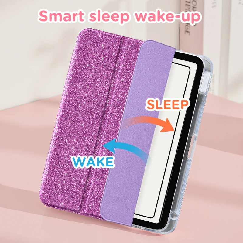 Sparkle Pink/Purple Foldable iPad Case with Pen Slot and Auto Wake/Sleep