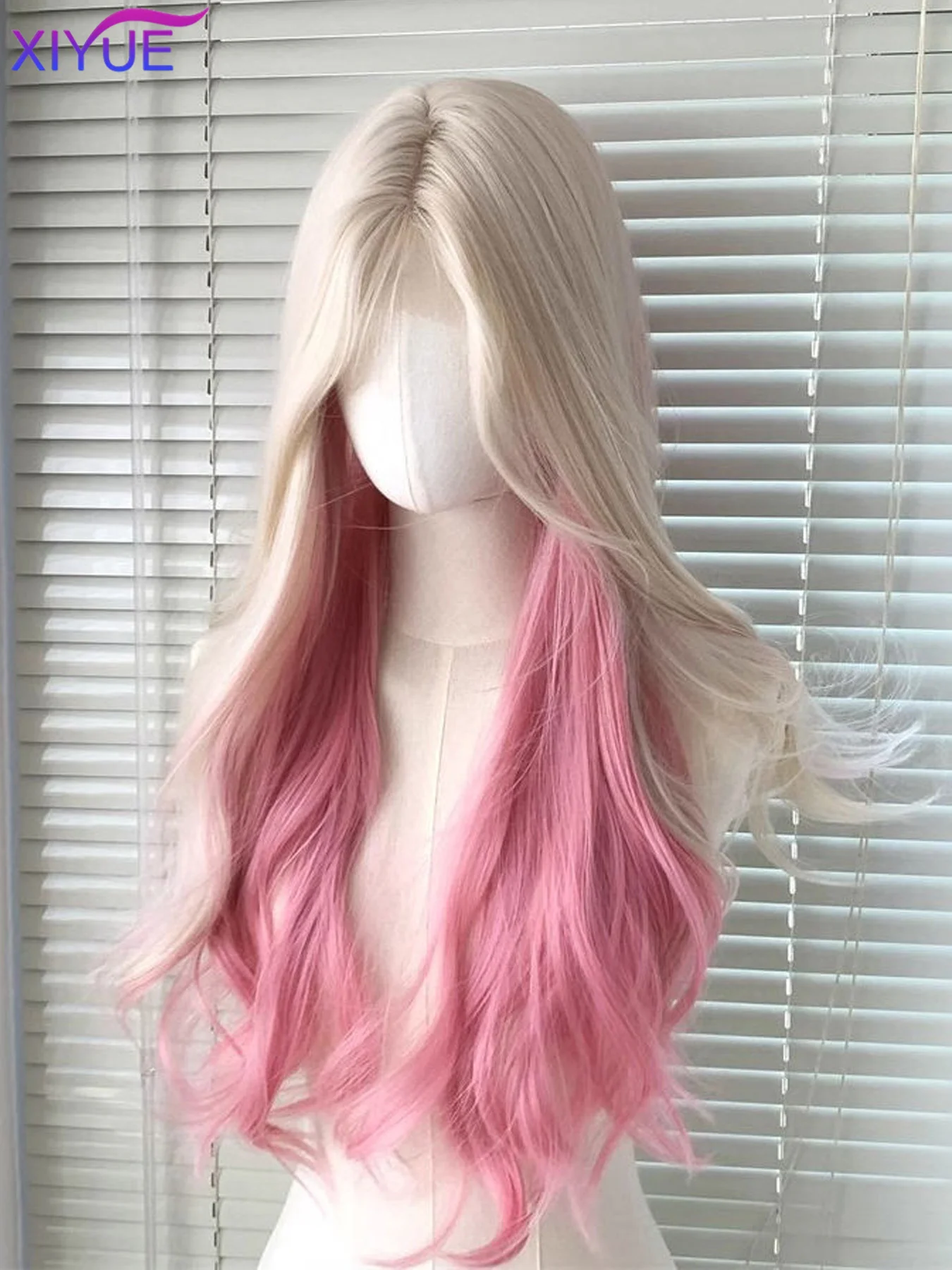 XIYUE Long Natural Wavy Platinum Blonde Pink Synthetic Wigs with Bangs for Women Heat Resistant Fiber Cosplay Party Lolita