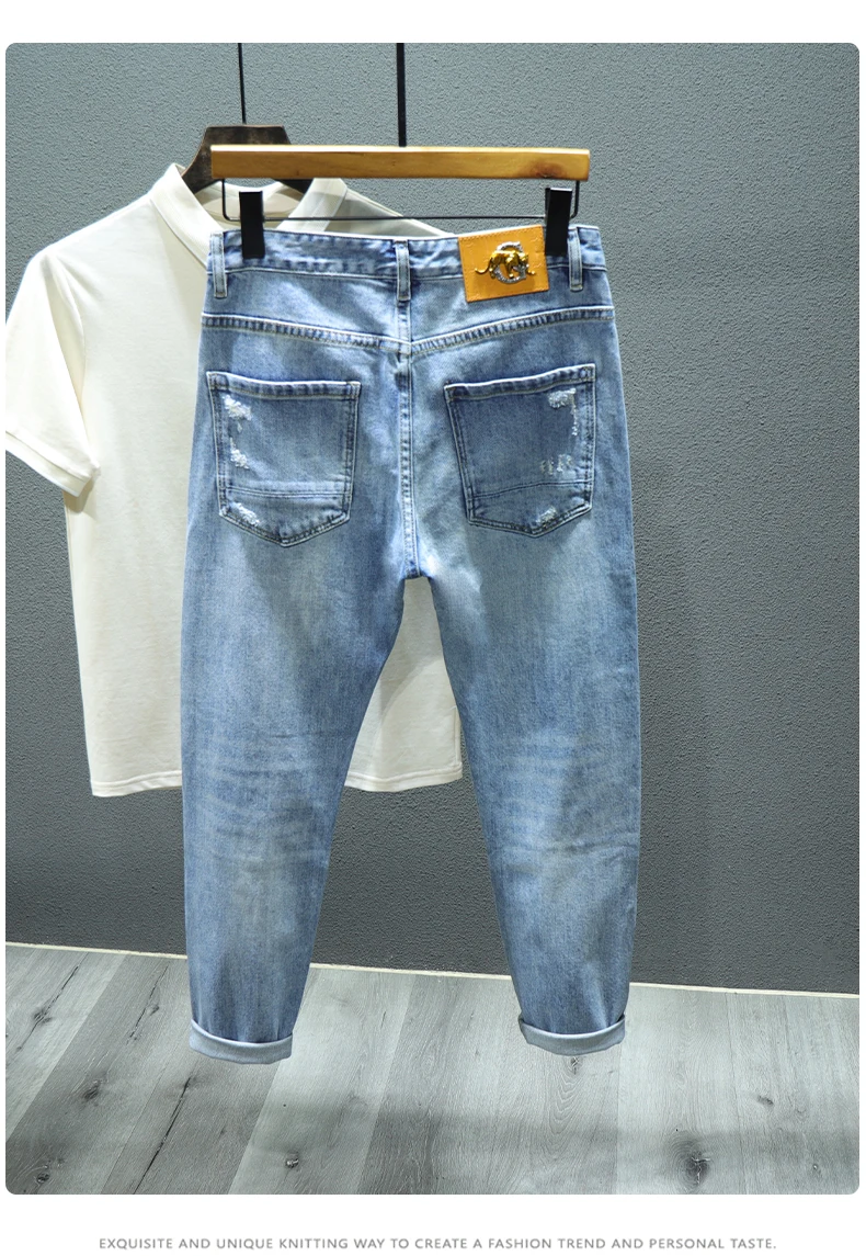Spring New Blue Ripped Hole Jeans Men's Elastic Slim