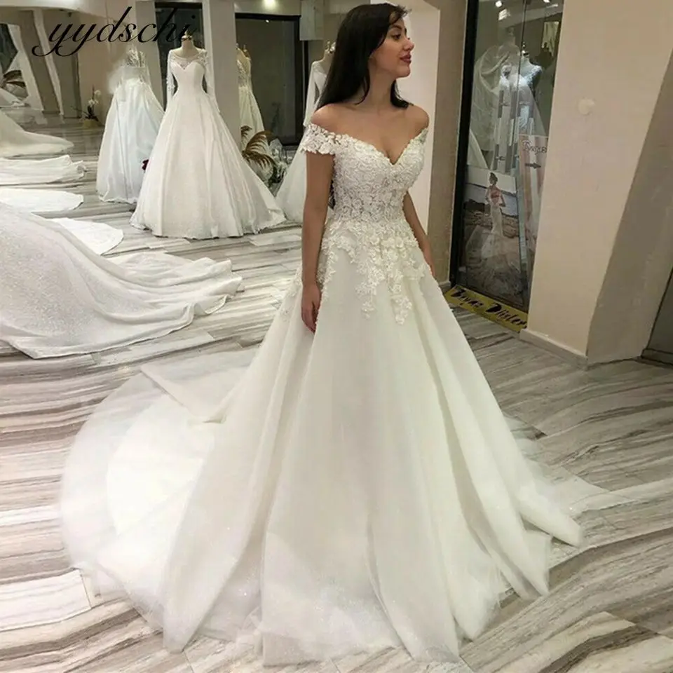 

Off the Shoulder White/Ivory Wedding Dresses for Women 2023 Tulle Lace Up Appliques Court Train A-Line Beading Vestido De Novia