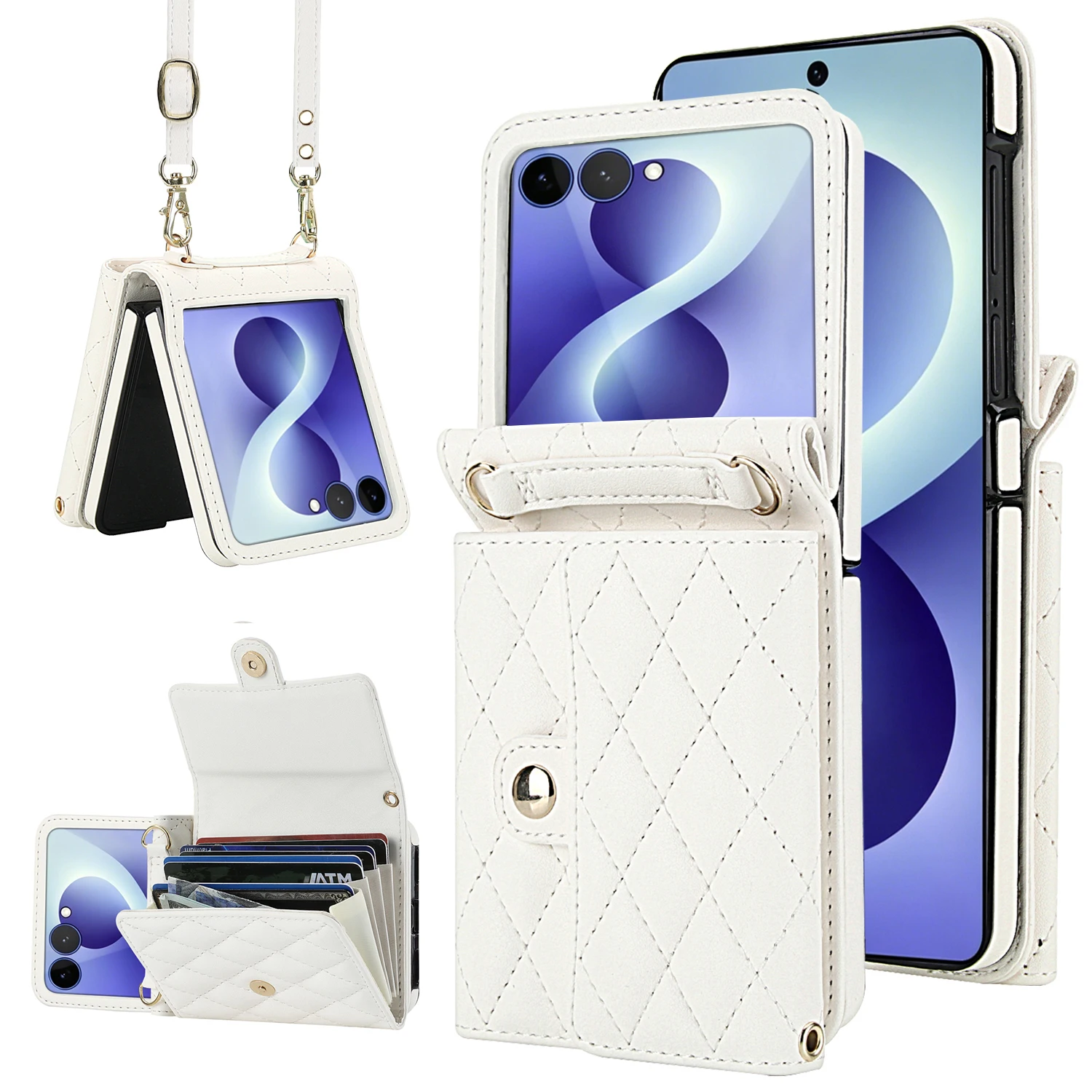 Luxury Foldable Leather Wallet Phone Case with Removable Crossbody Lanyard