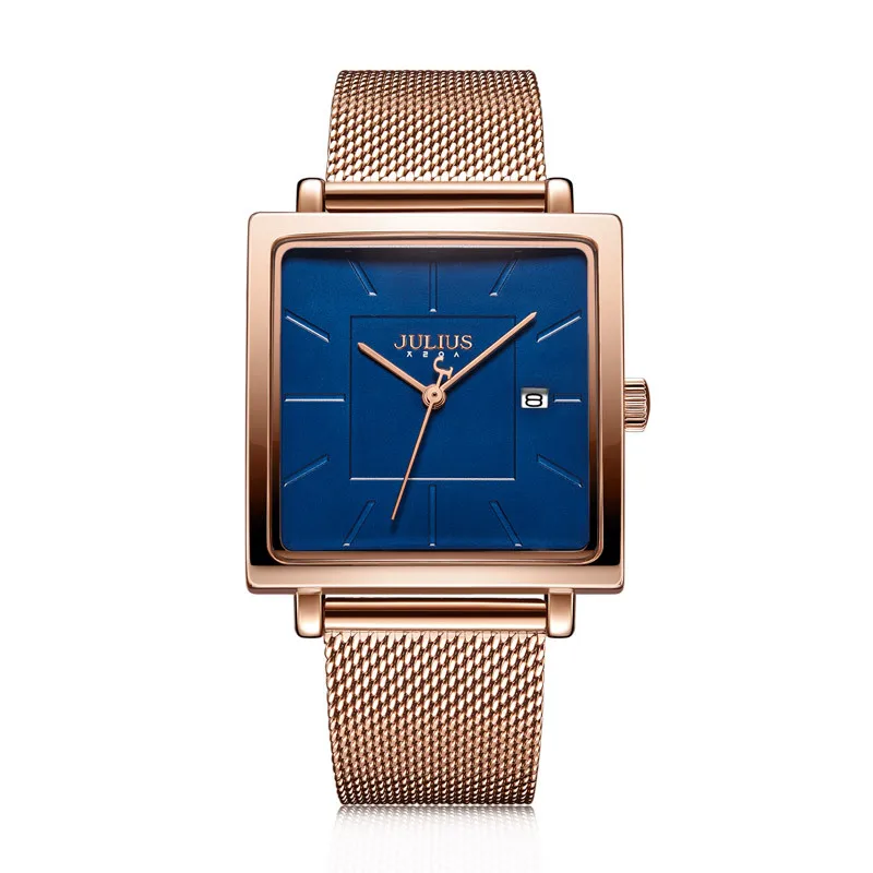 JULIUS Rose Gold Bangle Bracelet Surface Large Dial Square Personality Simple Calendar Net Belt Fashionable Generous Women Watch 