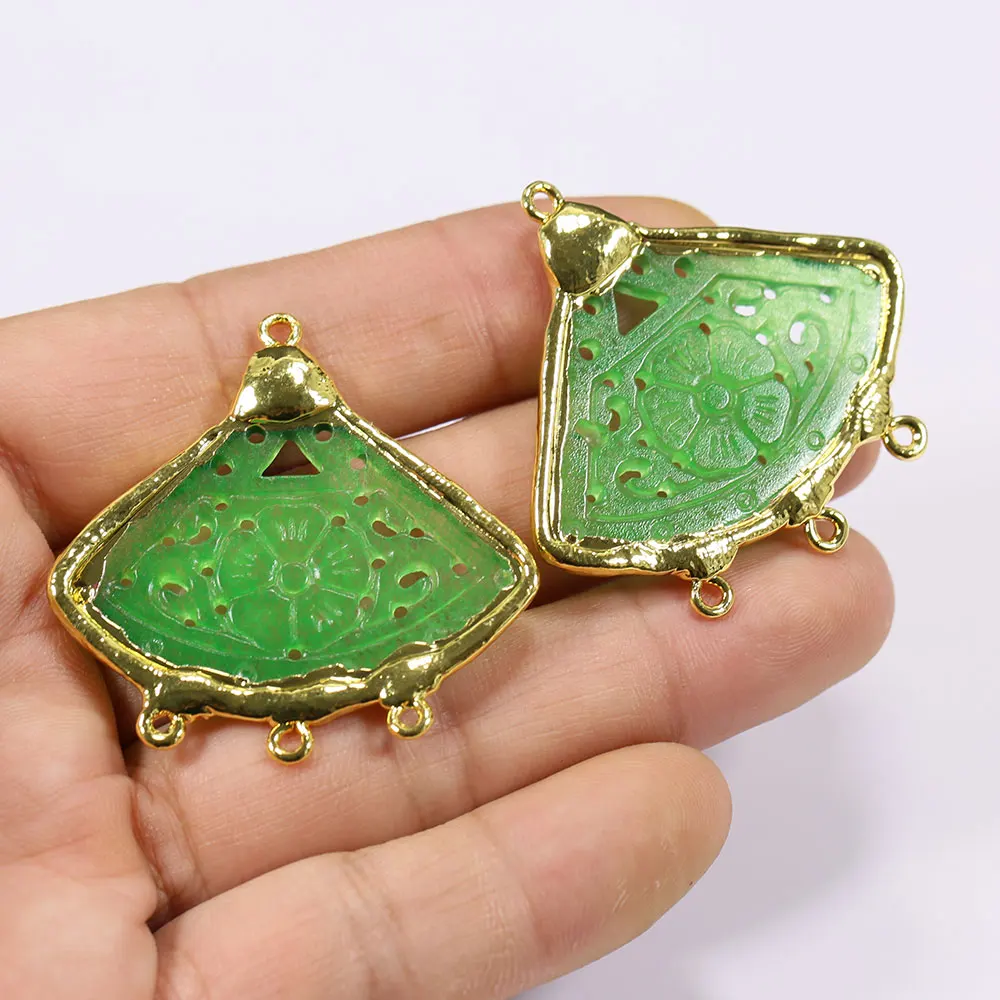 2Pcs Green Jade Carven Sector Shape Gold Plated Pendant Connector For Pearl Necklace Bracelet Earrings Making DIY