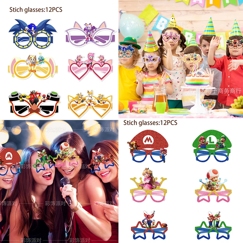 12Pcs Sonic The Hedgehog Mario Bros Cartoon Kids Party Decoration Glasses Children Photo Props Paper Boy Girl Birthday Gift