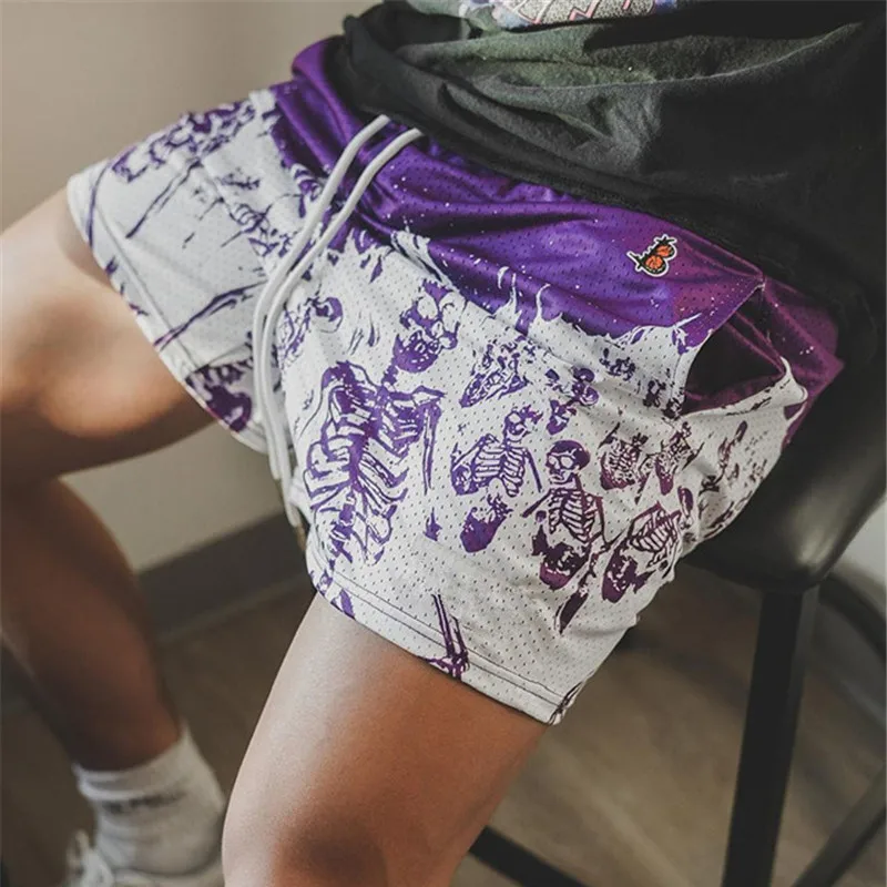 Summer New men short pant Skull Pattern Casual Shorts Street Hip Hop Fitness Polyester Fast Dry Breathable Embroidery Men Shorts 5