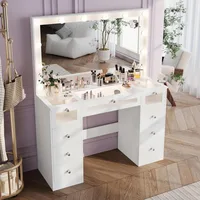 Makeup Vanity Desk with Lights and Large Mirror,Drawers Light Up Vanity,Glass Top Make Up Table with Charging Station,Customized 5