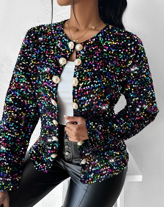 Women Elegant Long Sleeve Round Neck Fashion 2023Autumn Winter Coats Colorful Allover Sequin Buttoned Temperament Commuting Coat