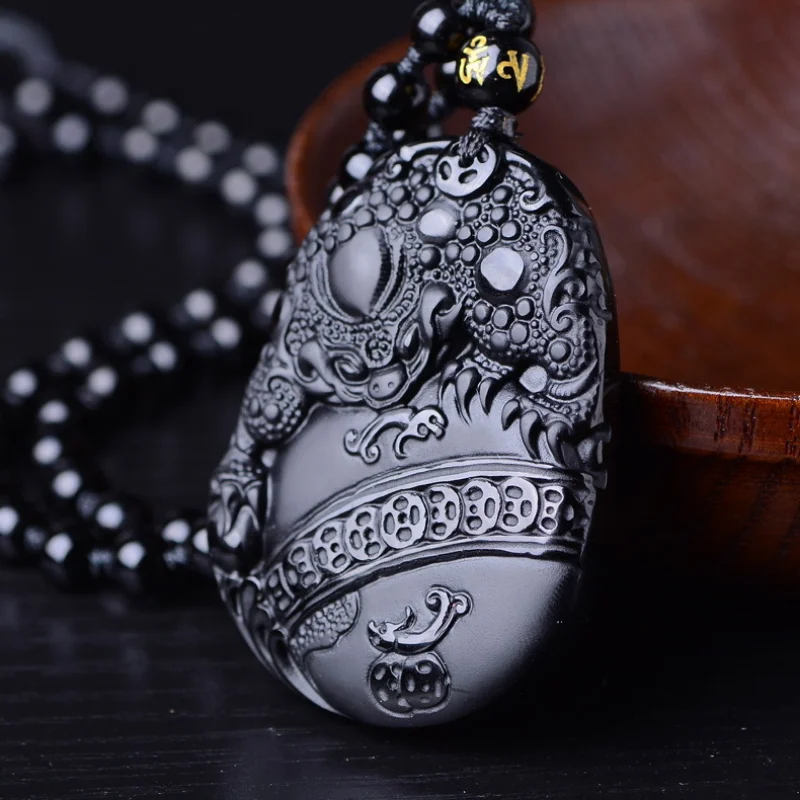 

Natural Black Obsidian Hand Carved Pixiu Jade Pendant Fashion Boutique Jewelry Men's and Women's Never Ask Necklace