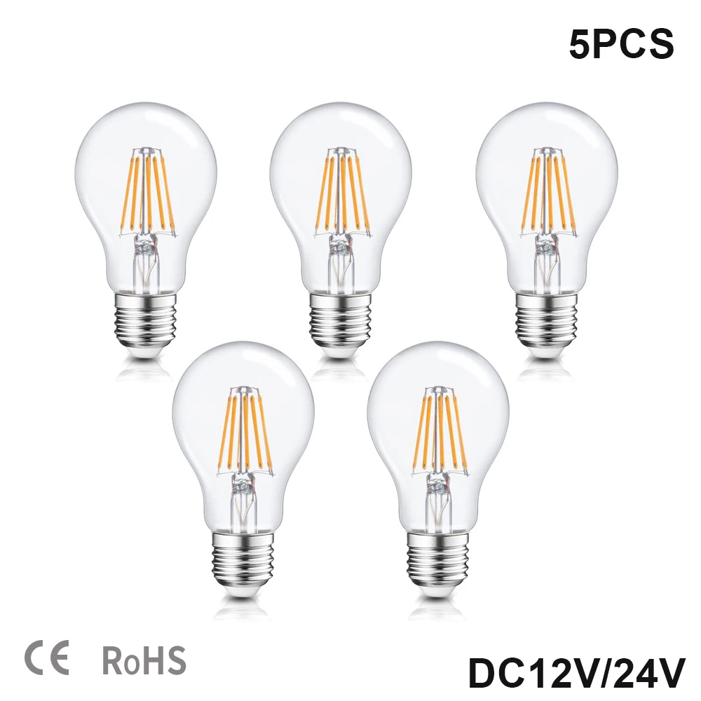 Led Lamp A19 6W Filament Bulb Low Voltage DC12V 24V Edison Globe Bulbs 4500K Daylight Warm White 2700K  E26 E27