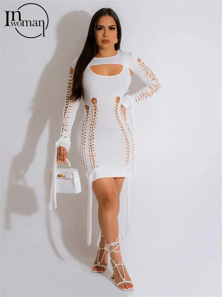 

Inwoman Summer Sexy Solid Tassel Midi Dresses Club Outfit For Women 2023 Long Sleeve Hollow Out Bodycon Dress Black Party Dress