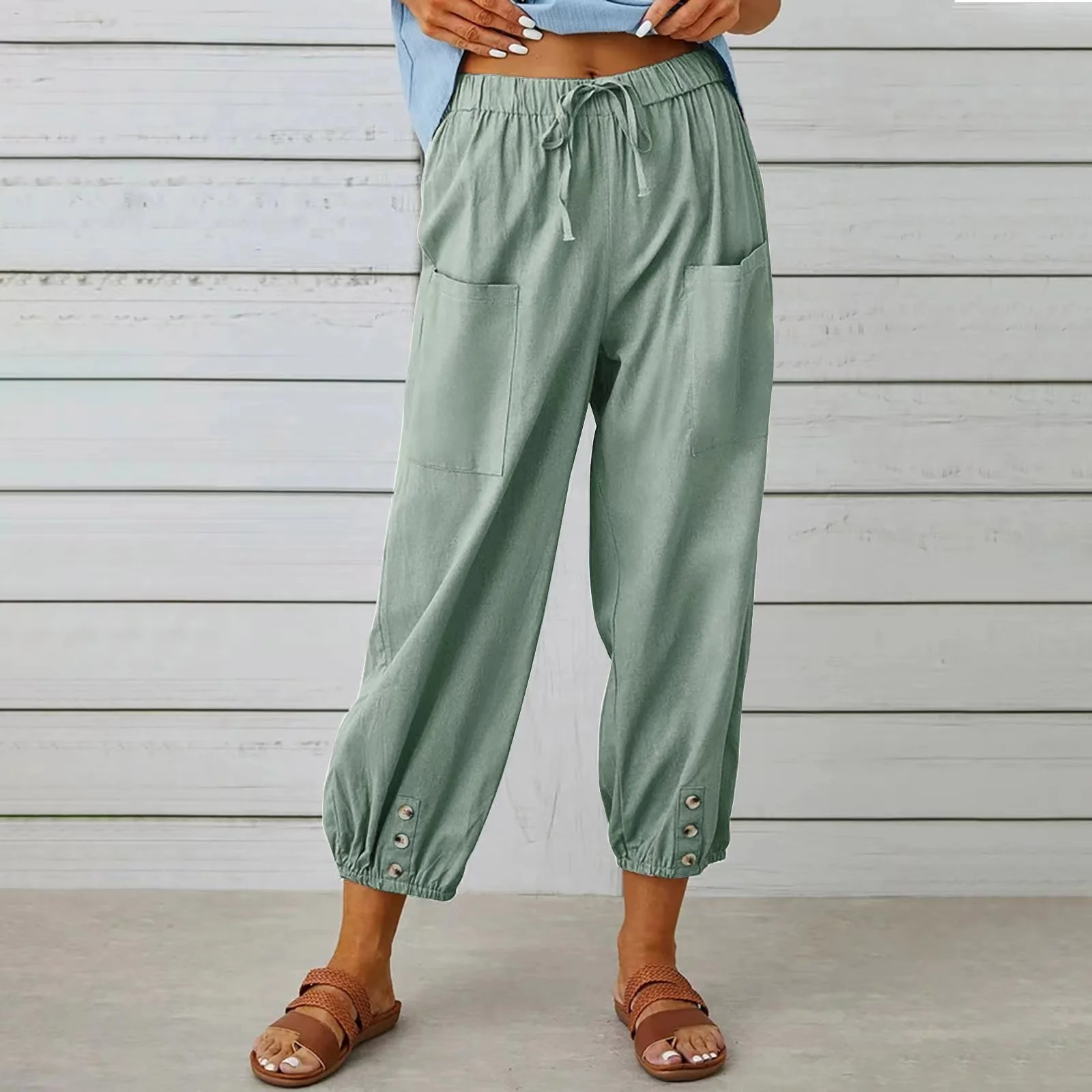 

Women's Loose High-waisted Buttoned Cotton And Hemp Trousers With Wide Legs Cargo Pants