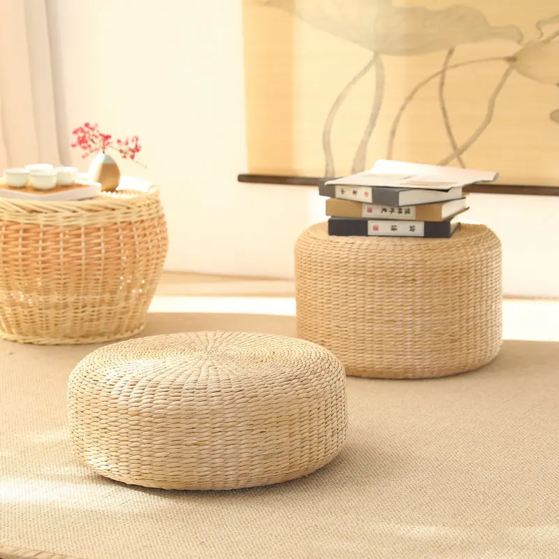 

2023 Tatami Cushion Japanese-Style Cushion Natural Round Pouf Straw Hand Woven Mat Chair Cushion Yoga Pad Floor Pillow