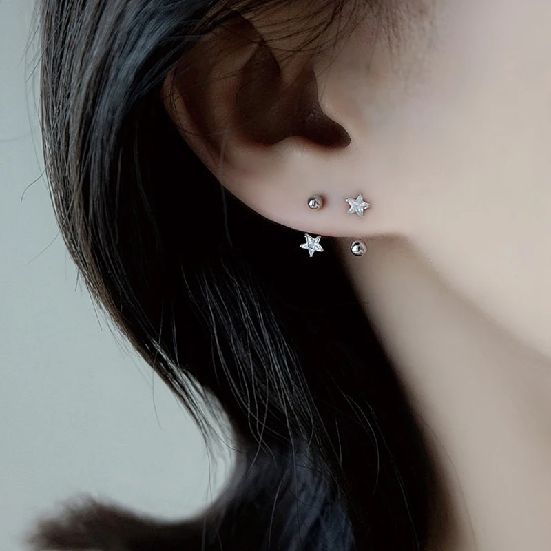 2Pc 925 Sterling Silver Color Minimal Crystal Star Ear Studs Orecchino Donna Coreano Helix Studs Tragus Cartilagine Piercing Jewelry