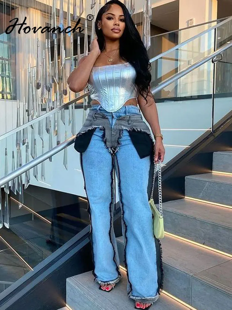 

Hovanch Fashion Patchwork Stretch Jeans Women Hipster High Waisted Straight Pants Fall 2023 Casual Denim Trousers Y2K Streetwear