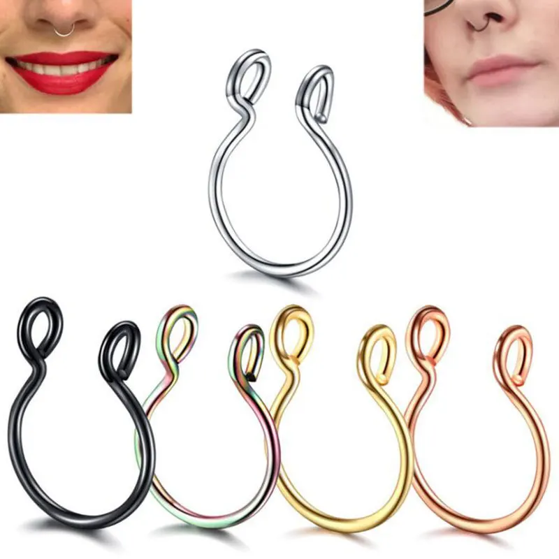 1/5 pz/set Clip per naso a forma di U anello finto setto senza Piercing anelli per labbra 3 colori in acciaio inossidabile a ferro di cavallo regalo di gioielli per il corpo delle donne image_0