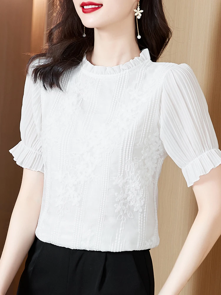 긴 소매 블라우스 여성 화이트 레이스 쉬폰 블라우스 셔츠 탑 여성 Blusas Mujer De Moda 2024 블라우스 셔츠 Blusa Camisas E159