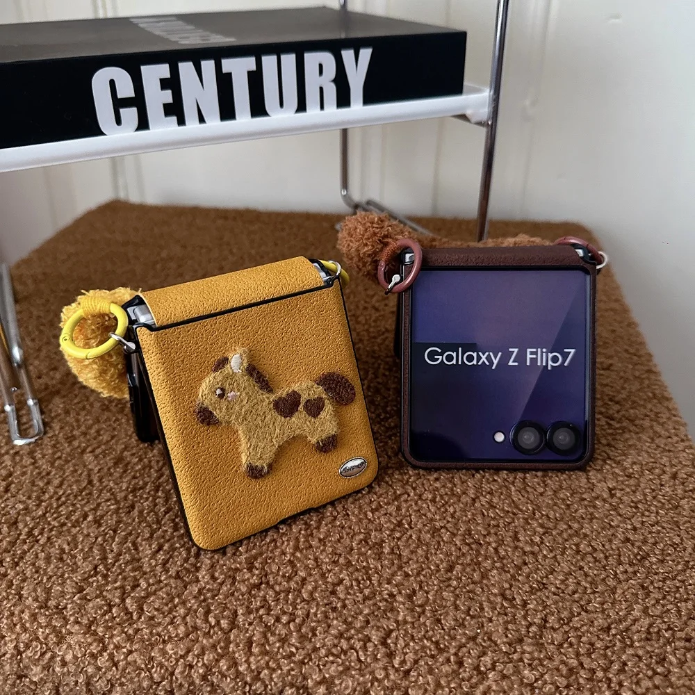 3D Plush Wooden Horse Phone Case with Side Buckle and Plush Chain - Shockproof Protection Cover