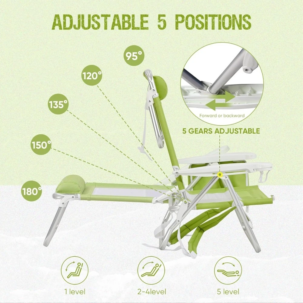 Reclining Beach Chair Backpack 5-Position Lay Flat Lounge Chair for Adults Heavy Duty Portable Folding Lightweight with Cooler 3