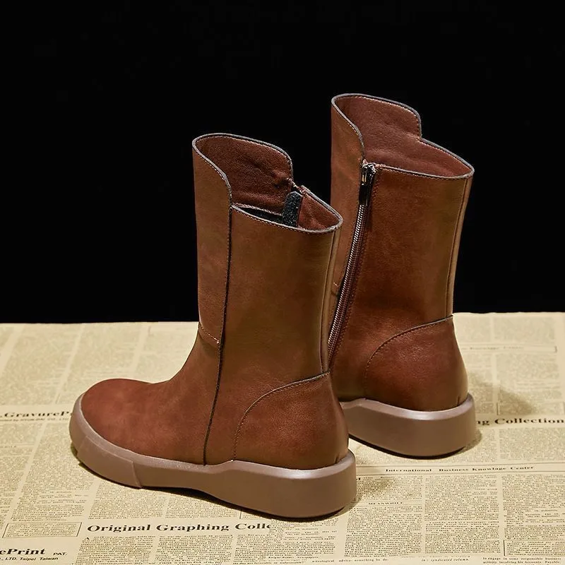 2022 Autumn Winter Motorcycle Boots Vintage PU Leather Flat Mid Calf Women Boots Female Cross Tied Fur Snow Fashion Boots 35-40