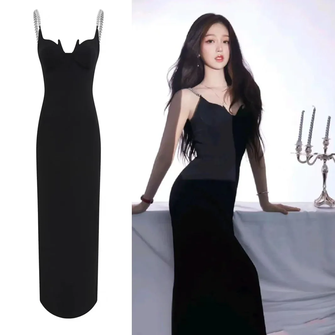 

Women Sexy Flame Neckline Design Metal Chain Sling Women Slim Black Women Long Dress Slim Formal Wear Evening Party