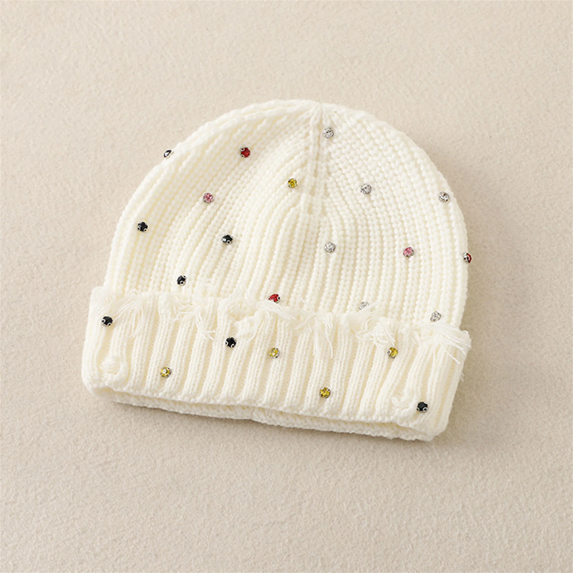 Stylish Pom Pom Beanie Hat with Sparkling Rhinestones for Women Winter Warm Knit Cap Soft Stretchy Skull Cap for Outdoor