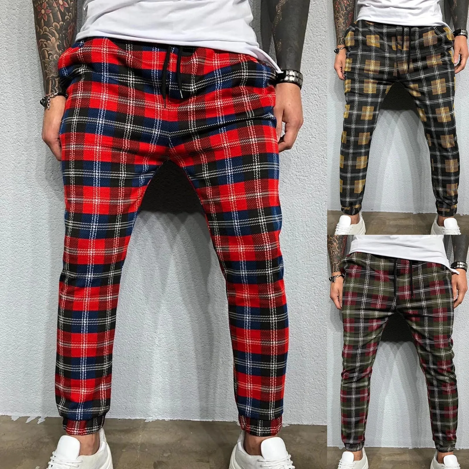 Men's Sports Plaid Sweatpants Fitness Trousers Casual Jogging Street Tracksuit Pants With Pockets Trousers Streetwear men's workout joggers